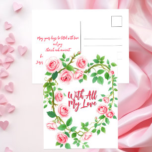 Carte Postale Couronne de roses roses élégantes avec message rom