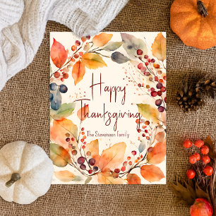 Carte Postale Couronne de Thanksgiving à l'aquarelle botanique d