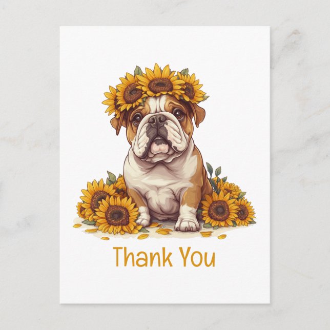 Carte Postale Couronne de tournesol de Bouledogue Anglais Merci (Devant)