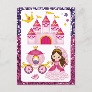 Carte Postale Couronne dorée Château Princesse Sequins Rose Viol