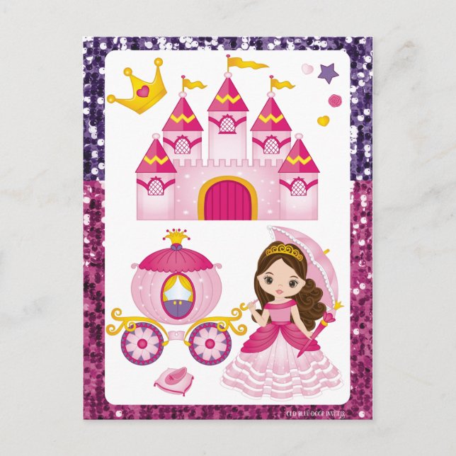 Carte Postale Couronne dorée Château Princesse Sequins Rose Viol (Devant)