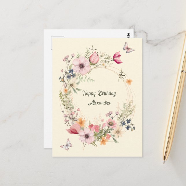 Carte Postale Couronne Fleurie et Papillons Anniversaire (Devant/Arrière en situation)