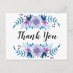 Carte Postale Couronne florale bleu violet aquarelle Merci