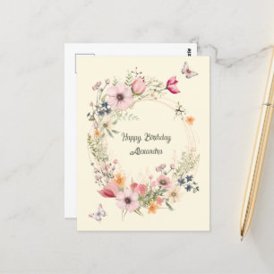 Carte Postale Couronne florale et papillons de joyeux anniversai