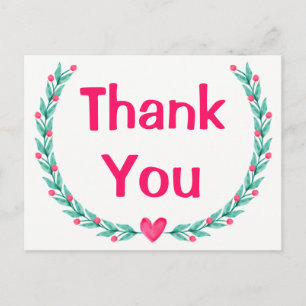 Carte Postale Couronne florale rose et verte à l'aquarelle Merci