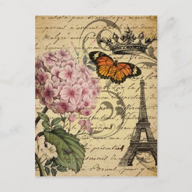 Carte Postale couronne script hydrangea oiseau français botaniqu (Devant)