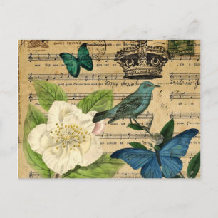 Carte Postale couronne vintage oiseau Notes de musique botanique