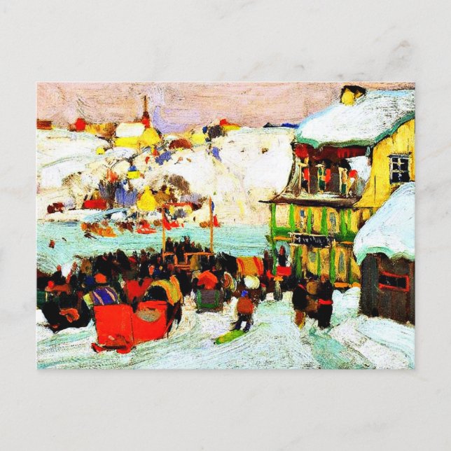 Carte Postale Course à cheval en hiver, peinture d'art, (Devant)