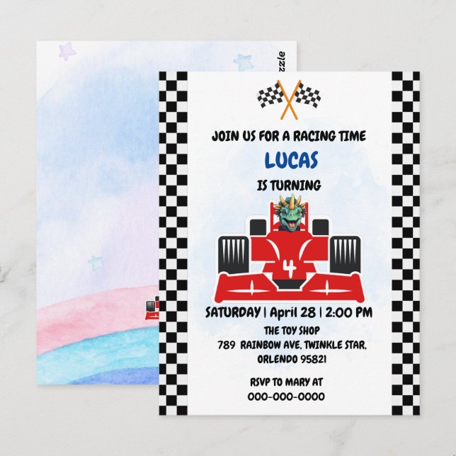 Carte Postale Course de dinosaure d'anniversaire voiture garçon  (Devant / Derrière)