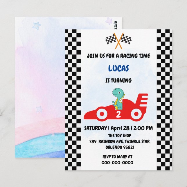 Carte Postale Course de dinosaure d'anniversaire voiture garçon  (Devant / Derrière)