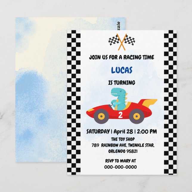 Carte Postale Course de dinosaure d'anniversaire voiture garçon  (Devant / Derrière)