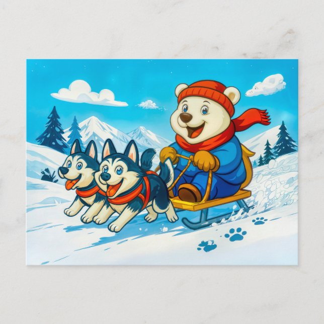 Carte Postale Course de l'ours polaire avec une équipe de chiens (Devant)