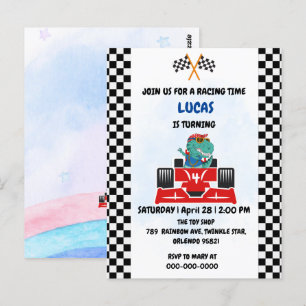 Carte Postale Course de voiture dinosaure d'anniversaire garçon 