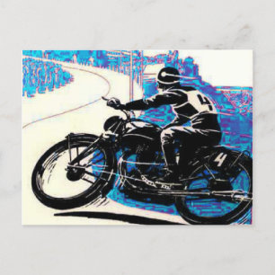Carte Postale Course vintage à moto - Décor bleu