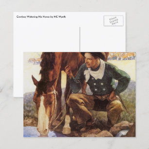 Carte Postale Cowboy Arrosant Son Cheval par NC Wyeth, Art Vinta