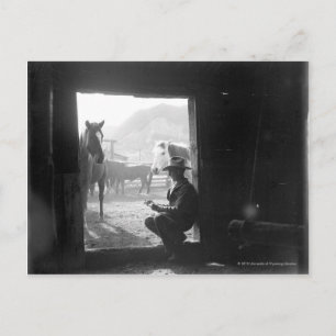 Carte Postale Cowboy dans une porte avec des chevaux