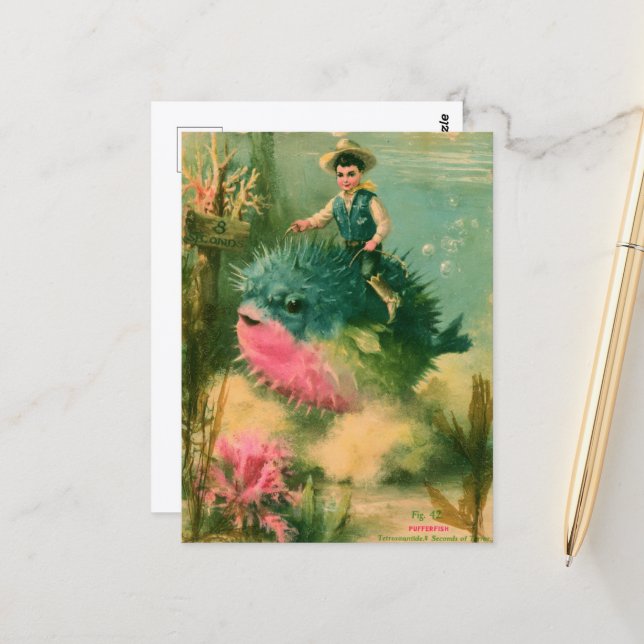 Carte Postale Cowboy Poisson-globe Rétro Drôle (Devant/Arrière en situation)