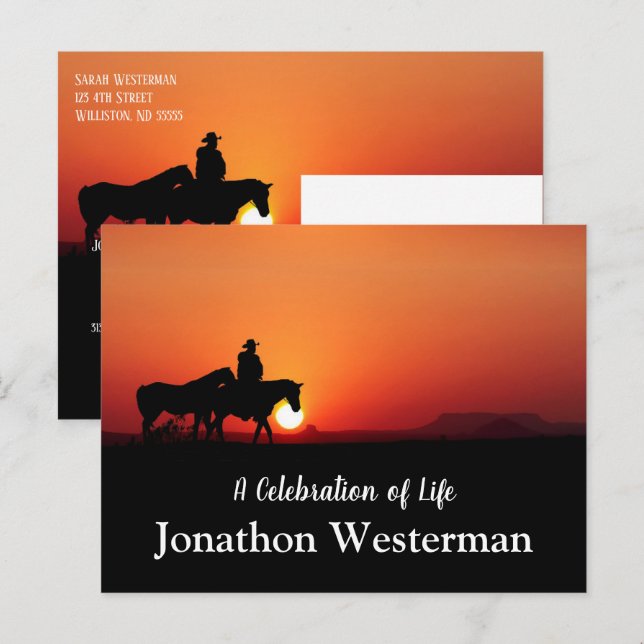 Carte Postale Cowboy Rides Horse au coucher du soleil Fête de la (Devant / Derrière)