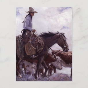 Carte Postale Cowboy vintage avec son troupeau de bétail par Koe