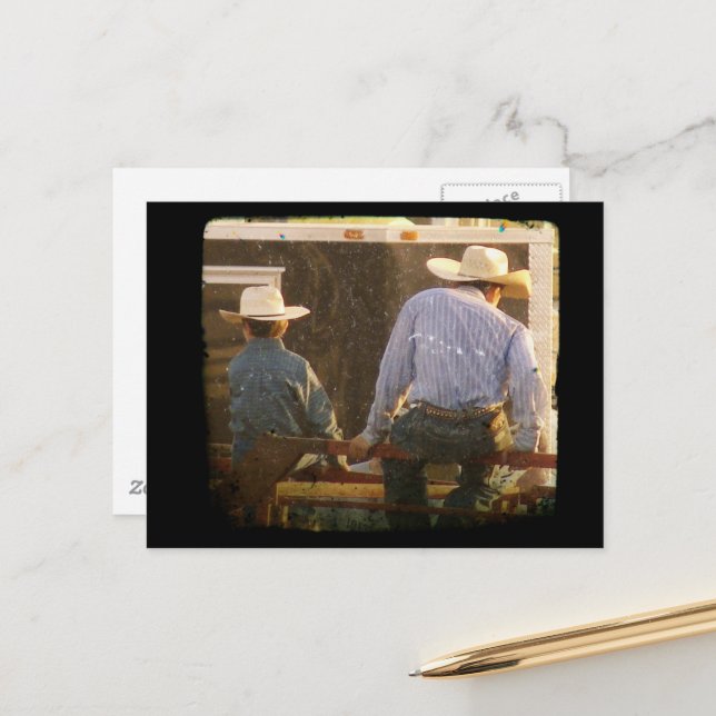 Carte Postale Cowboys sur une clôture de Rodéo TTV (Devant/Arrière en situation)