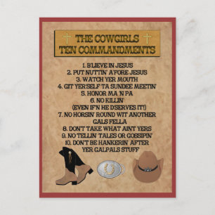 Carte Postale Cowgirl 10 Commandments POSTCARD