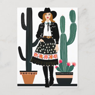 Carte Postale Cowgirl et Plantes de Cactus pointillés