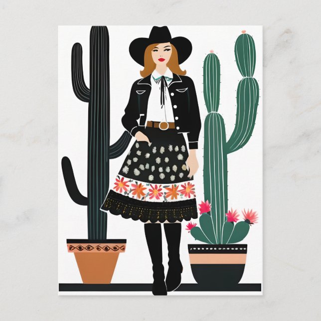 Carte Postale Cowgirl et Plantes de Cactus pointillés (Devant)