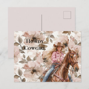 Carte Postale Cowgirl Florale Sud-Ouest Blonde Brun Rose Howdy