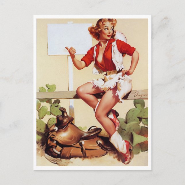 Carte Postale Cowgirl Hitch a Ride Pin Up (Devant)