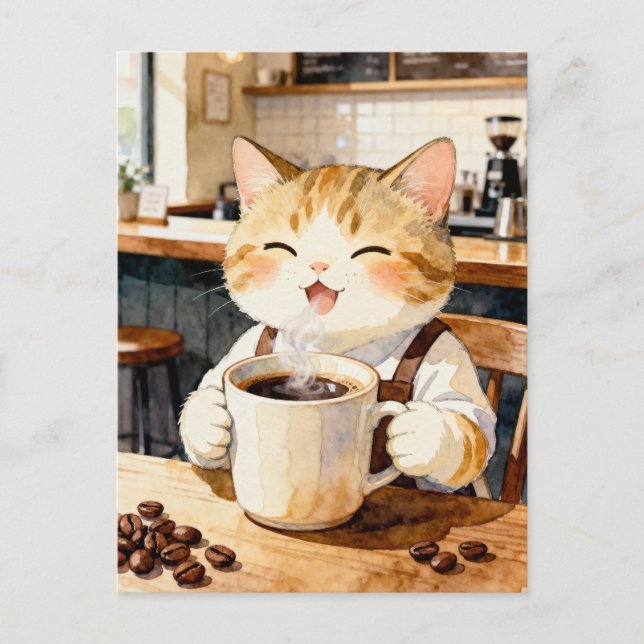 Carte Postale Cozy Cat Barista Watercolor Art (Devant)