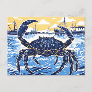 Carte Postale Crabe bleu, mer et bateau de pêche à Linocut