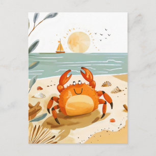 Carte Postale Crabe de dessin animé sur la plage avec un bateau 