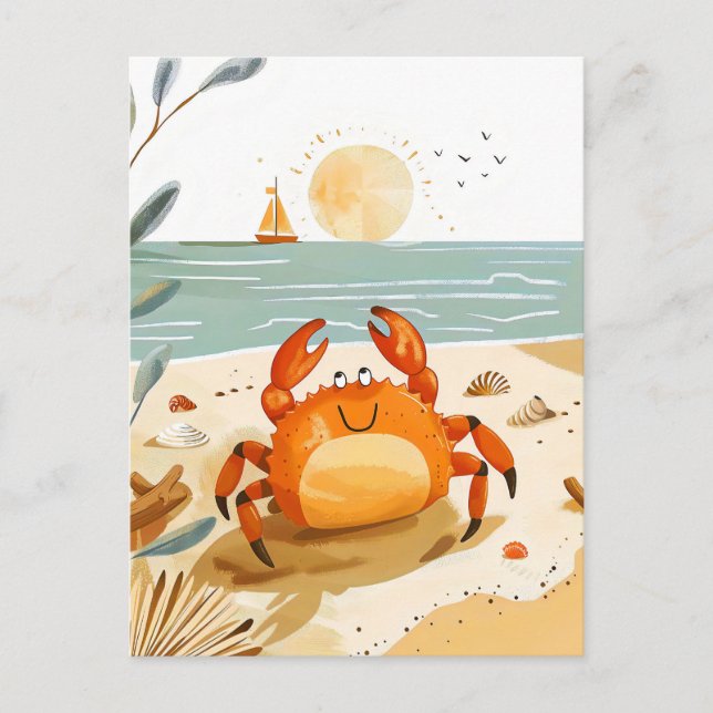 Carte Postale Crabe de dessin animé sur la plage avec un bateau  (Devant)
