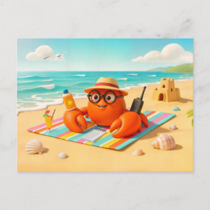 Carte Postale Crabe espion relaxant sur la plage avec équipement