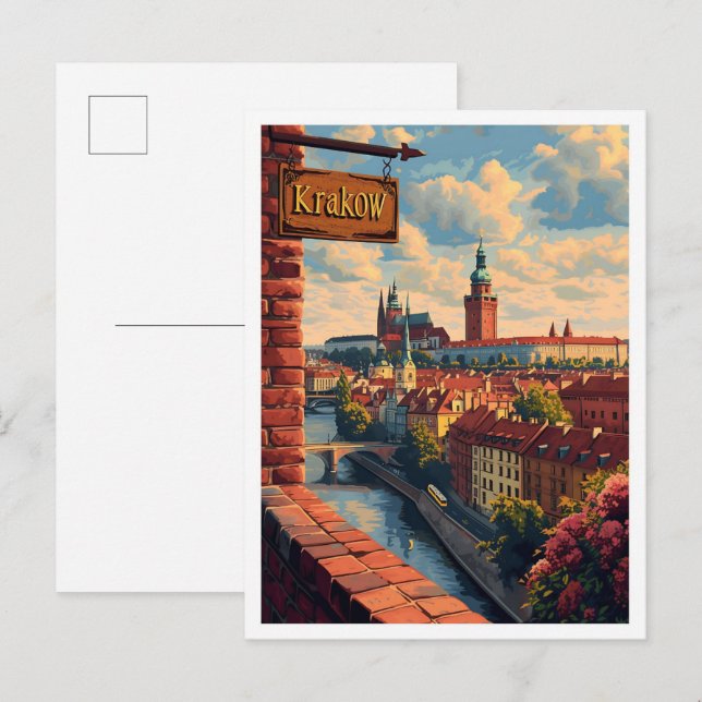 Carte Postale Cracovie Pologne Art Vintage Illustration de voyag (Devant / Derrière)