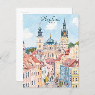 Carte Postale Cracovie Pologne Gouache Illustration Voyage