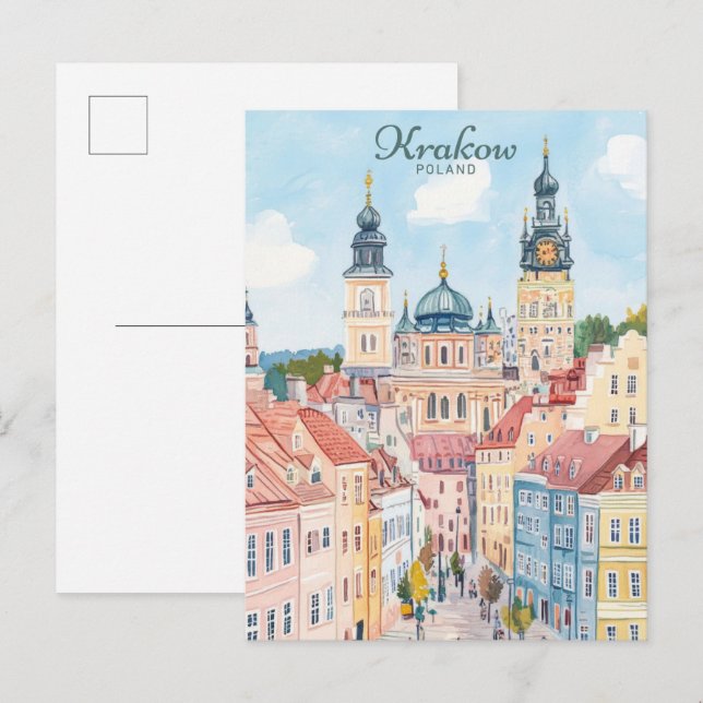 Carte Postale Cracovie Pologne Gouache Illustration Voyage (Devant / Derrière)