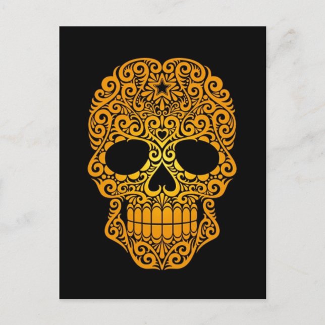 Carte Postale Crâne à sucre à rayures jaunes sur noir (Devant)