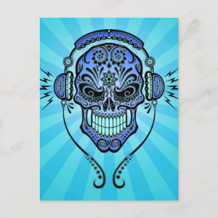 Carte Postale Crâne à sucre DJ bleu avec rayons de lumière