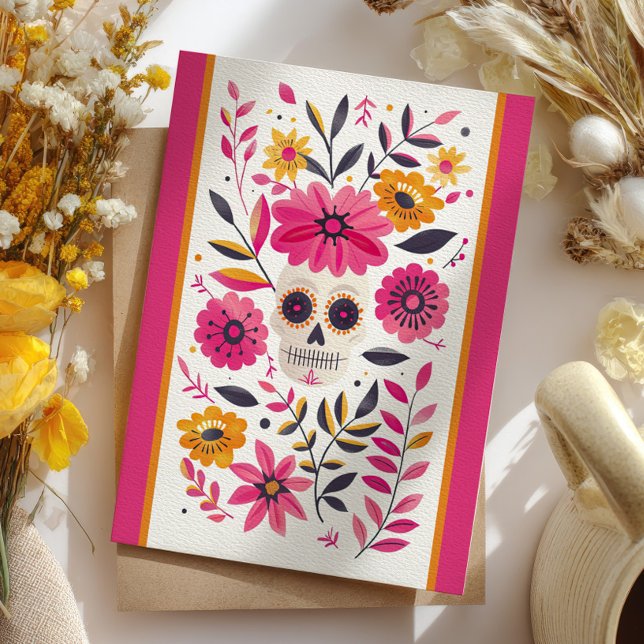 Carte Postale Crâne à sucre Fuchsia Fleurs mexicaines Cinco de M (Créateur téléchargé)
