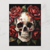 Crâne avec aquarelle rouge Roses