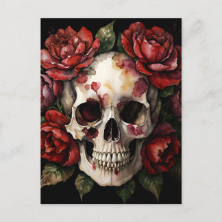 Carte Postale Crâne avec aquarelle rouge Roses
