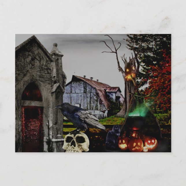 Carte Postale *~* Crâne de corbeau sorcière crypt HALLOWEEN (Devant)