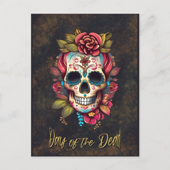 Carte Postale Crâne de sucre floral Día de los Muertos français  (Devant)