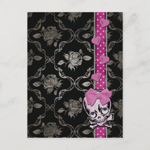 Carte Postale Crâne déplaisant avec cou rose sur Damas noir