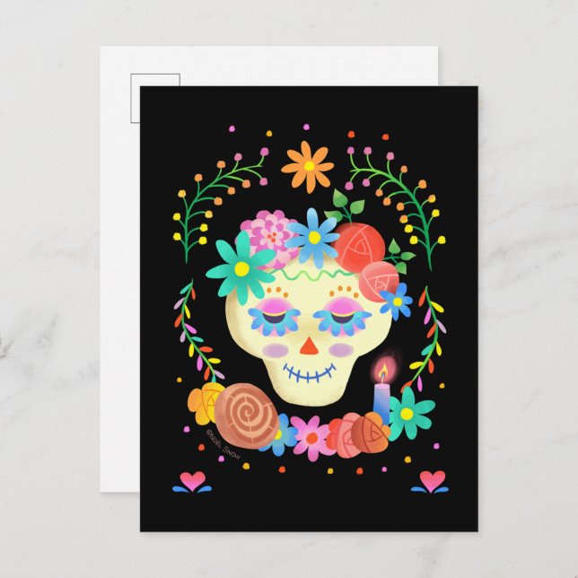 Carte Postale Crâne en Sucre de Día de los Muertos (Devant / Derrière)