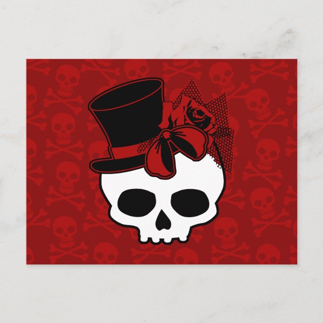 Carte Postale Crâne mignon avec chapeau Rose rouge Bow (Devant)