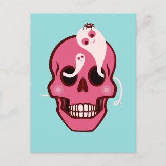 Carte Postale Crâne Rose Cute Avec Araignée Et Fantômes Dans Les