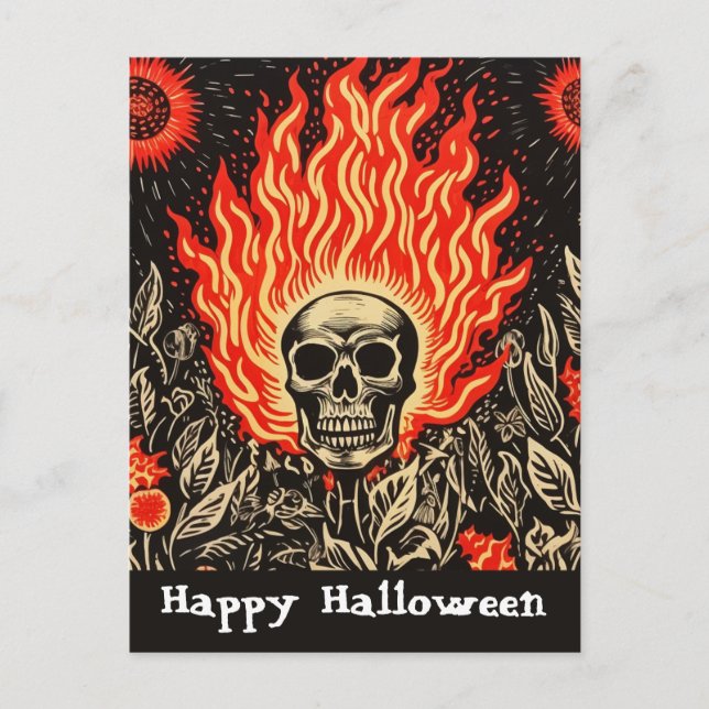 Carte Postale Crâne sur feu Linocut Art Halloween heureux (Devant)