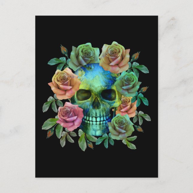 CARTE POSTALE CRÂNE VERT DE LA MORT AVEC FLEURS (Devant)